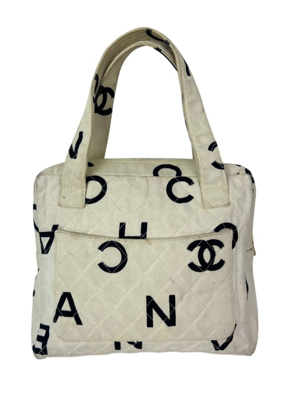 Chanel Matelasse Logo Ivory Cotton Canvas Vintage Hand Bag